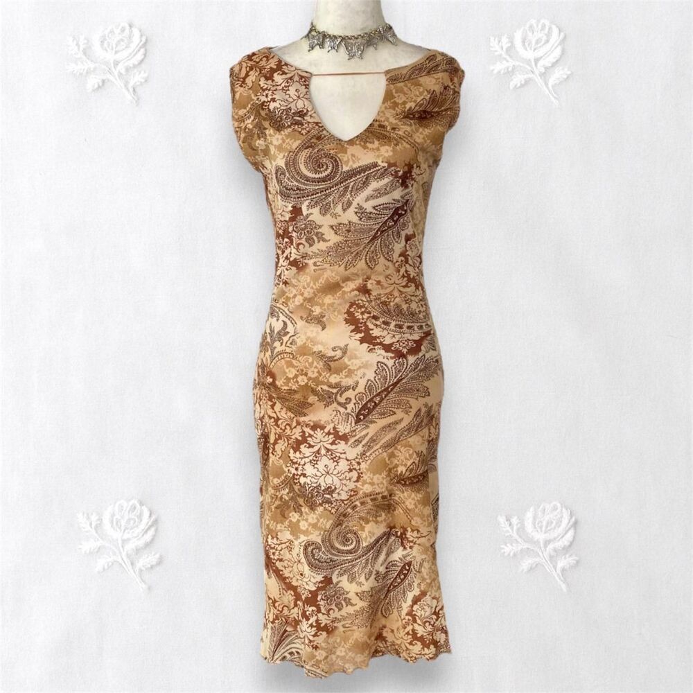 Early 2000's Brown Tan Whimsygoth Paisley Mesh Boho Midi Dress Size L